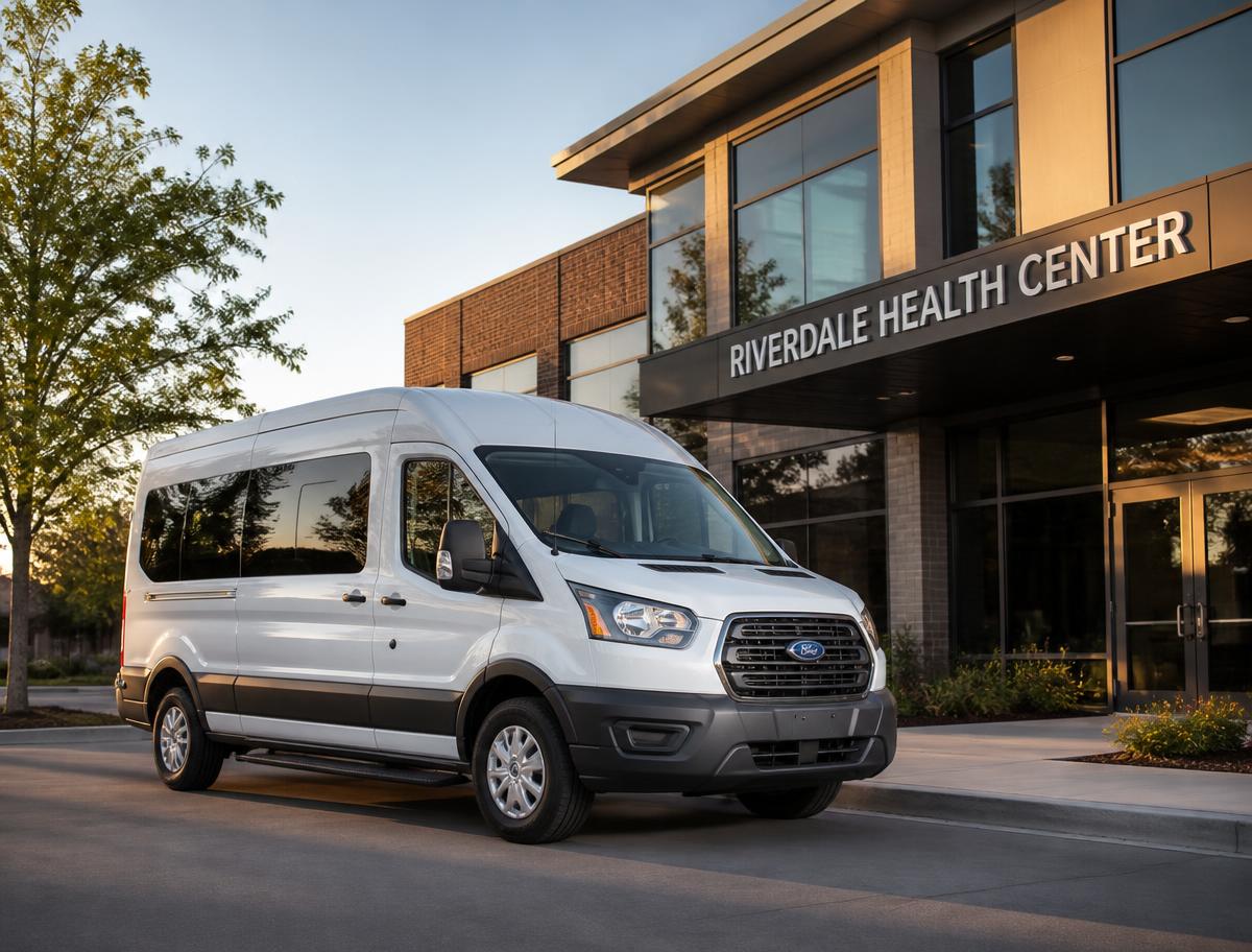 A clean, well-maintained white passenger van parked outside a modern medical center
